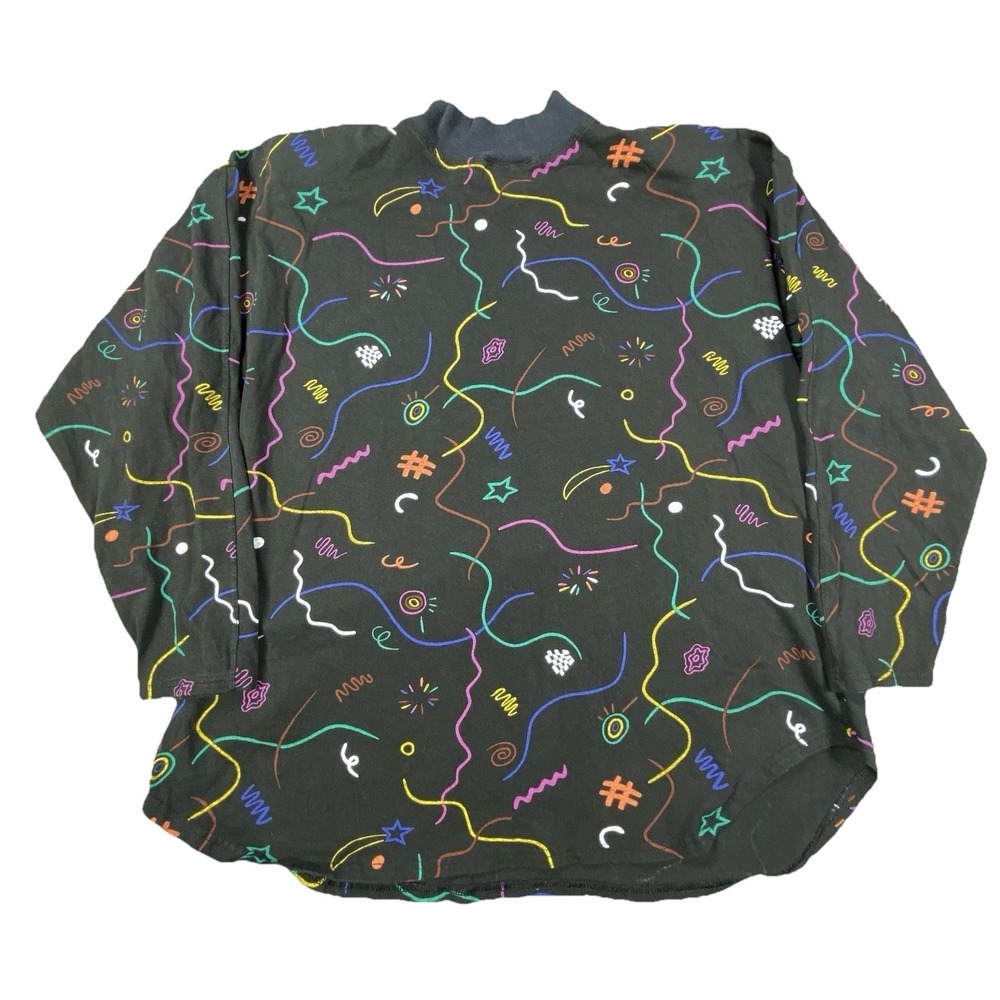 Vintage Womens Top Medium Black Confetti Print 80s 90s Memphis Retro Color Twist
